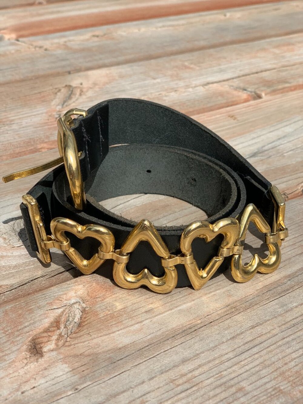 Vintage Black Leather Belt Women's M Gold Toned Hearts Buckle Boho Chic Retro